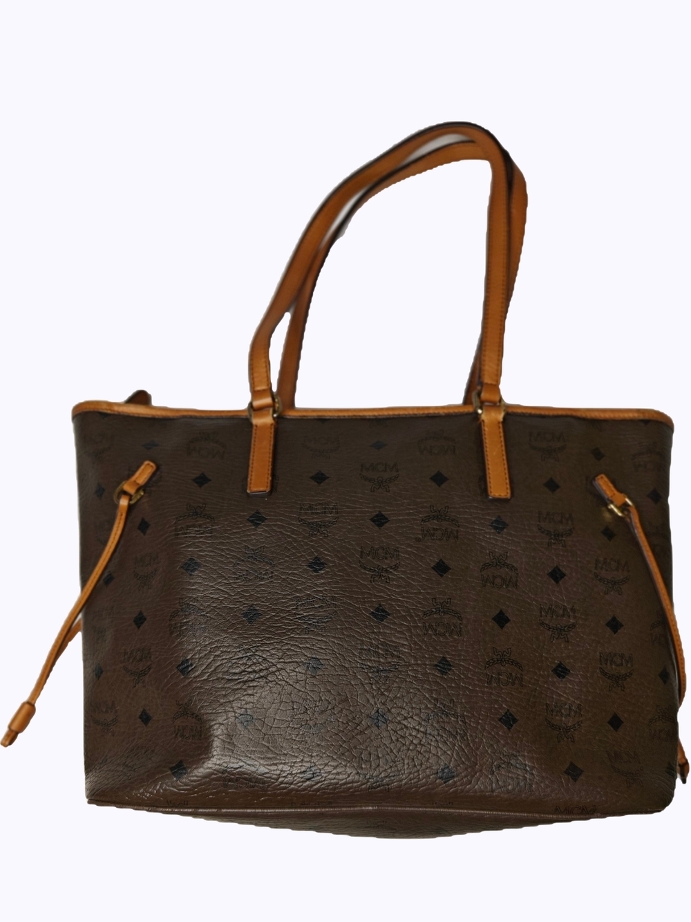 Authentic MCM Viseto Brown Monogram Canvas Tote with Tan Leather Handles